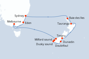 Carte itinéraire croisière - 14 jours au départ de Sydney - Australie Nouvelle Zélande