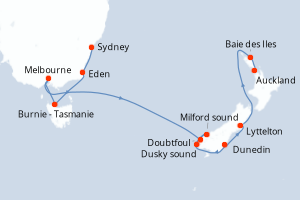 Carte itinéraire croisière - 11 jours au départ de Sydney - Australie Nouvelle Zélande