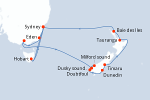 Carte itinéraire croisière - 18 jours au départ de Sydney - Australie Nouvelle Zélande