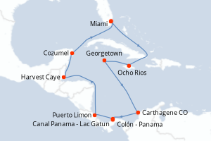 Carte itinéraire croisière - 12 jours au départ de Miami - Caraïbes Bahamas