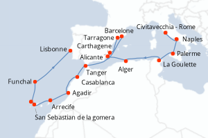 Carte itinéraire croisière De Rome à Lisbonne - 21 jours au départ de Civitavecchia - Rome - Méditerranée