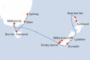 Carte itinéraire croisière - 11 jours au départ de Sydney - Australie Nouvelle Zélande