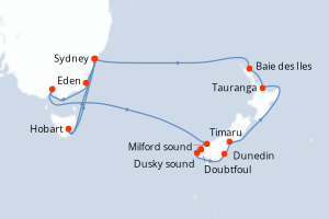 Carte itinéraire croisière - 18 jours au départ de Sydney - Australie Nouvelle Zélande