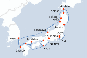 Carte itinéraire croisière  - 14 jours au départ de Tokyo - Asie