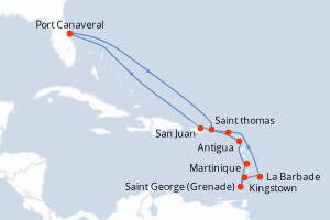 Carte itinéraire croisière - 14 jours au départ de Port Canaveral - Caraïbes Bahamas