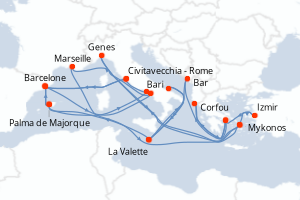 Carte itinéraire croisière - 10 jours au départ de Civitavecchia - Rome - Méditerranée