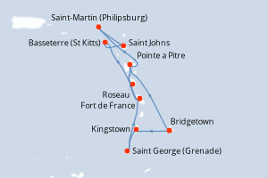 Carte itinéraire croisière - 14 jours au départ de Bridgetown - Caraïbes Bahamas