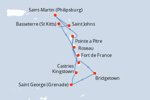 Carte itinéraire croisière - 14 jours au départ de Bridgetown - Caraïbes Bahamas