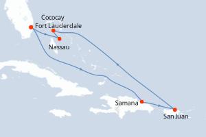 Carte itinéraire croisière - 8 jours au départ de Fort Lauderdale - Caraïbes Bahamas