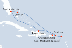 Carte itinéraire croisière - 9 jours au départ de Fort Lauderdale - Caraïbes Bahamas