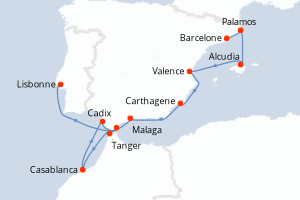 Carte itinéraire croisière  - 12 jours au départ de Barcelone - Atlantique