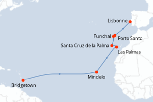 Carte itinéraire croisière - 14 jours au départ de Bridgetown - Transatlantique