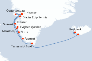 Carte itinéraire croisière - 13 jours au départ de Nuuk - Europe du Nord