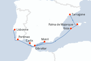 Carte itinéraire croisière - 7 jours au départ de Lisbonne - Méditerranée