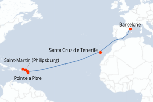 Carte itinéraire croisière - 13 jours au départ de Pointe a Pitre - Transatlantique