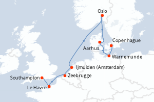 Carte itinéraire croisière - 9 jours au départ de Southampton - Europe du Nord