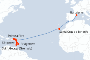 Carte itinéraire croisière - 18 jours au départ de Bridgetown - Transatlantique