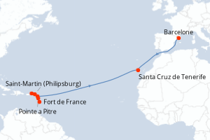 Carte itinéraire croisière - 14 jours au départ de Fort de France - Transatlantique
