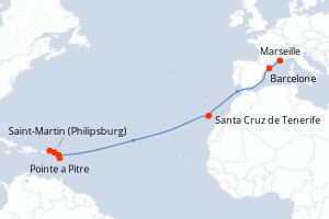 Carte itinéraire croisière - 14 jours au départ de Pointe a Pitre - Transatlantique