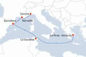 Carte itinéraire croisière - 6 jours au départ de Le Piree - Athenes - Méditerranée