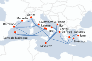 Carte itinéraire croisière - 10 jours au départ de Civitavecchia - Rome - Méditerranée