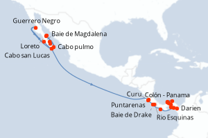Carte itinéraire croisière De Cabo san lucas à Colon - 27 jours au départ de Cabo san Lucas - Riviera Mexicaine