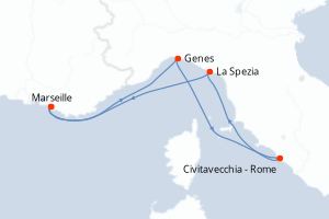 Carte itinéraire croisière - 4 jours au départ de Marseille - Méditerranée