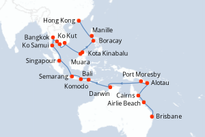 Carte itinéraire croisière - 36 jours au départ de Brisbane - Asie