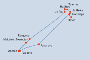 Carte itinéraire croisière Îles marquises, Îles de la Société et Îles Tuamotu - 14 jours au départ de Papeete - Tahiti