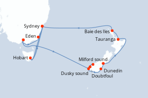 Carte itinéraire croisière - 18 jours au départ de Sydney - Australie Nouvelle Zélande