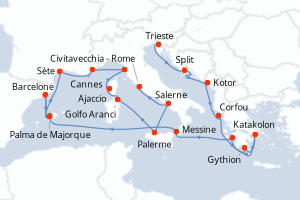 Carte itinéraire croisière  - 19 jours au départ de Trieste - Méditerranée