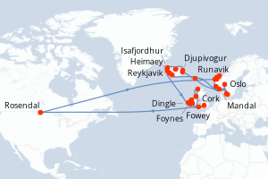 Carte itinéraire croisière - 36 jours au départ de Reykjavik - Europe du Nord