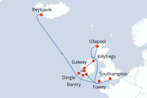 Carte itinéraire croisière - 12 jours au départ de Reykjavik - Europe du Nord