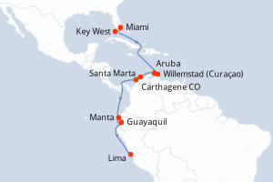 Carte itinéraire croisière - 15 jours au départ de Miami - Amérique du Sud