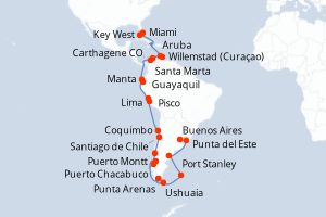 Carte itinéraire croisière  - 36 jours au départ de Miami - Amérique du Sud