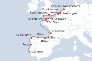 Carte itinéraire croisière - 19 jours au départ de Lisbonne - Europe du Nord