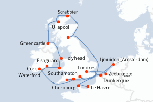Carte itinéraire croisière - 19 jours au départ de Le Havre - Europe du Nord
