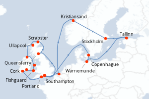 Carte itinéraire croisière - 26 jours au départ de Southampton - Europe du Nord