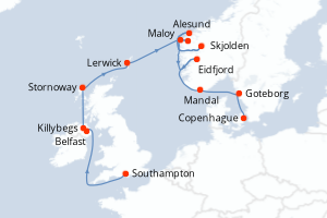 Carte itinéraire croisière - 14 jours au départ de Southampton - Europe du Nord