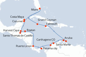 Carte itinéraire croisière  - 20 jours au départ de Miami - Caraïbes Bahamas