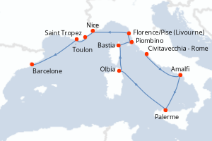 Carte itinéraire croisière - 10 jours au départ de Civitavecchia - Rome - Méditerranée