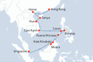 Carte itinéraire croisière - 15 jours au départ de Hong Kong - Asie