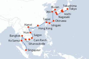 Carte itinéraire croisière - 28 jours au départ de Singapour - Asie