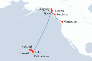 Carte itinéraire croisière - 16 jours au départ de Vancouver - Hawaii