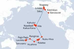 Carte itinéraire croisière  - 40 jours au départ de Vancouver - Australie Nouvelle Zélande