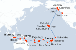 Carte itinéraire croisière  - 58 jours au départ de Vancouver - Asie