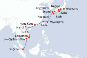 Carte itinéraire croisière - 20 jours au départ de Yokohama - Asie