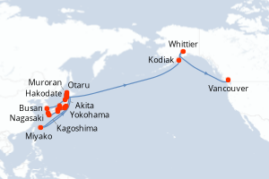 Carte itinéraire croisière  - 30 jours au départ de Yokohama - Alaska