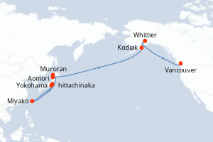 Carte itinéraire croisière  - 16 jours au départ de Yokohama - Alaska