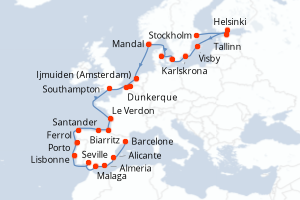 Carte itinéraire croisière - 24 jours au départ de Stockholm - Méditerranée